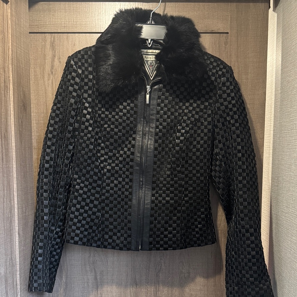 Marvin Richards Black Check-Pattern Fur Collar Leather Jacket